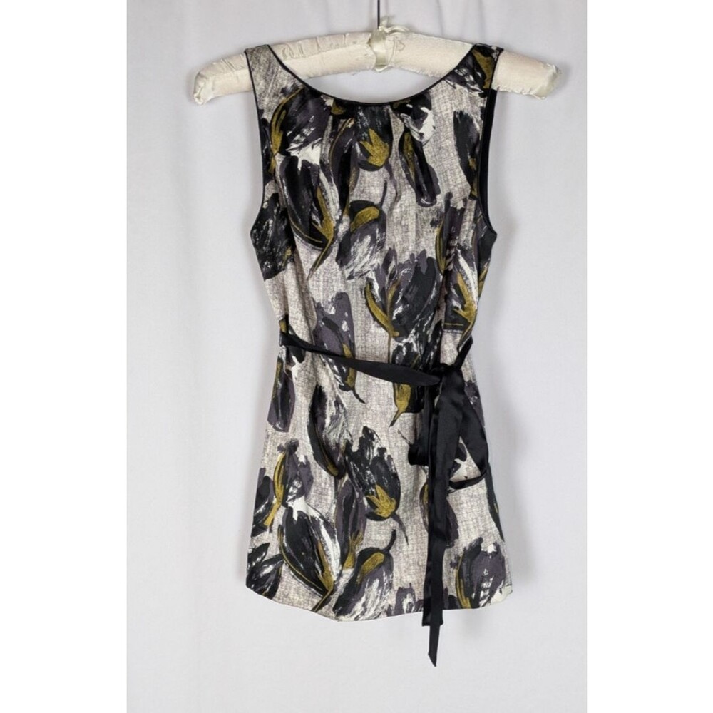 Rebecca Taylor Grey Abstract Floral Silk Blend Sleeveless Belted Blouse 0 Flaw